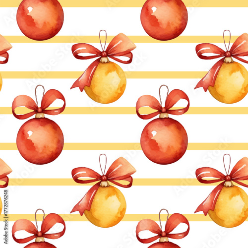 New Year striped pattern, texture of red and gold balls, bows, ribbons, for fabric, notebooks, gifts, isolated on white background. Vector.