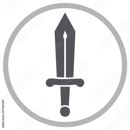 Stylized gray sword icon within a circular frame representing power combat and fantasy