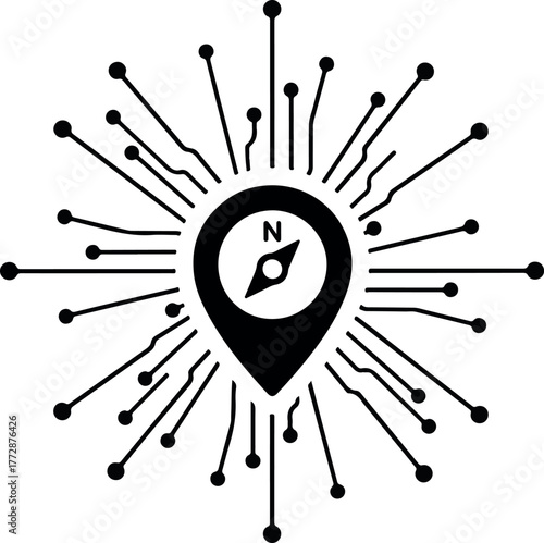 A black and white logo featuring a compass inside a location pin, surrounded by radiating lines and dots.