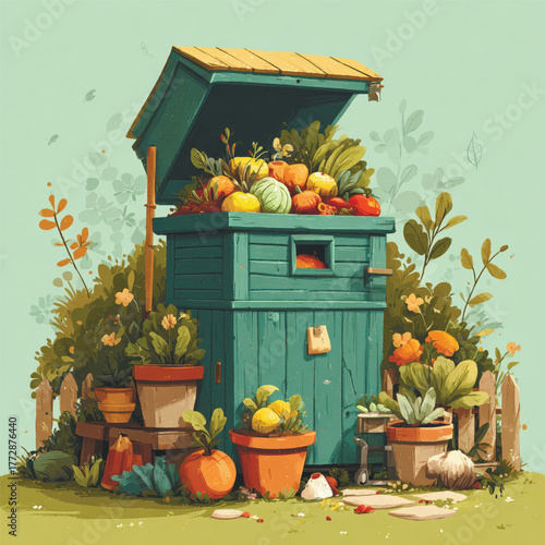 Eco-friendly compost bin surrounded by vegetables and garden plants, symbolizing recycling, sustainability, and organic waste management concept. Vector illustration