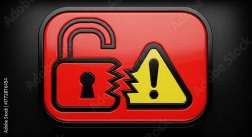 A broken lock and warning sign, symbolizing security breach, data vulnerability, and potential cyber threats, demanding immediate attention and resolution