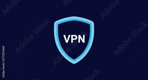 Vpn logo with a shield shape and the letters vpn in the center, representing virtual private network security and privacy on a dark blue background