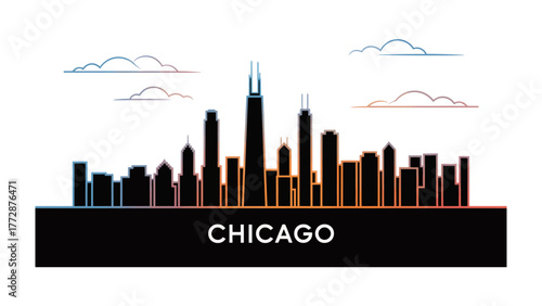 City Silhouette: The iconic Chicago skyline, rendered in striking silhouette against a gradient sky, representing urban architecture and modern cityscape.