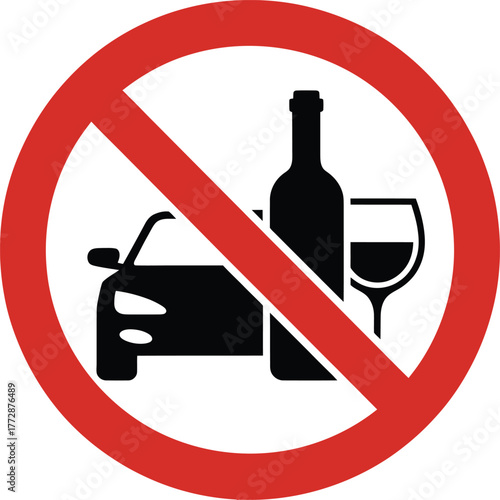No Drinking and Driving Vector Icon with Car, Alcohol Bottle, Glass and Red Prohibition Circle for Road Safety Awareness Campaign.