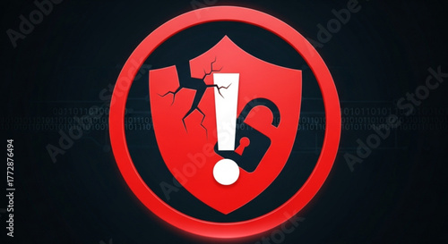 A red shield with a crack and an exclamation point inside a padlock, symbolizing a security breach and vulnerability on a dark background