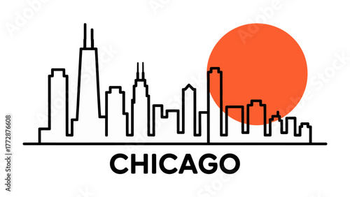 Chicago Skyline: A minimalistic depiction of Chicago's iconic skyline against a vibrant orange sun, symbolizing urban life and the city's unique charm.