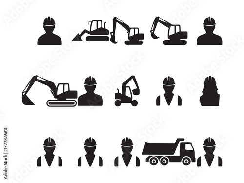 Construction Icon Set: A collection of meticulously crafted silhouette icons depicting construction workers and heavy machinery, symbolizing the essential elements of the construction industry.