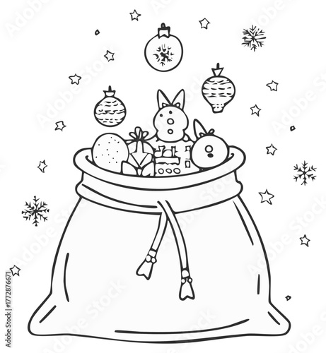Christmas gift sack overflowing with toys presents ornaments stars and snowflakes in doodle line art style