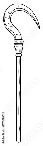 Cartoon sickle with wooden handle, black outline. Farming tool illustration.