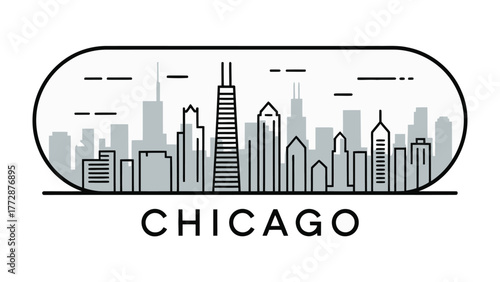 Chicago Skyline Silhouette: A clean, graphic representation of the iconic Chicago skyline, rendered in a modern, minimalist style, showcasing the city's architectural grandeur and urban landscape.