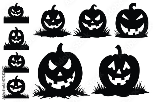 Black Halloween pumpkin silhouettes on white background