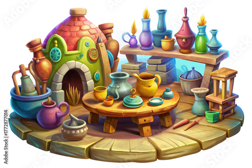 Cozy pottery workshop with wooden tables vector illustration, tools, and clay materials in warm light