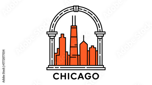 Chicago Cityscape: An architectural silhouette of Chicago's iconic skyline. The urban landscape is framed by an elegant archway and pillars, with CHICAGO boldly displayed below.