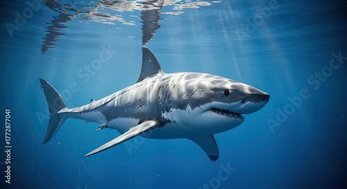 Majestic Great White Shark Gliding Through Sunlit Ocean Waters Underwater Photography