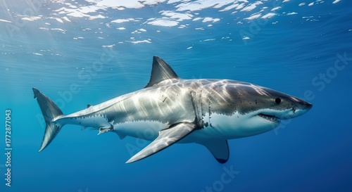 Majestic Great White Shark Swimming Gracefully in the Deep Blue Ocean Waters