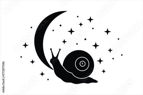 Whimsical snail ascending crescent moon surrounded by twinkling stars magical night sky
