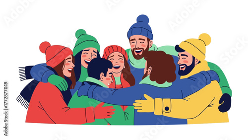 Unity's Embrace: a group of happy people, each individual embraced by other in a circle of camaraderie, laughter and warmth.