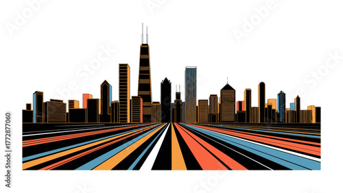 Cityscape Symphony: An illustrative portrayal of a vibrant metropolis unfolds, capturing the essence of architectural marvels and urban energy, set against an artistic, colored trajectory.