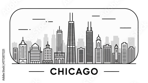 Chicago Skyline: A stylized illustration presents the iconic Chicago skyline, featuring its towering skyscrapers and unique architectural elements.