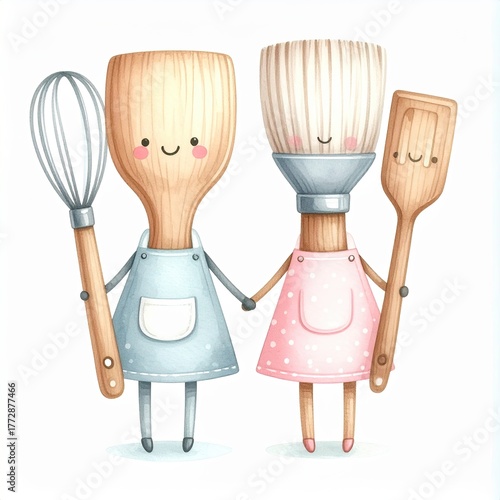 Cute wooden kitchen utensils holding hands wearing aprons in happy cartoon style
