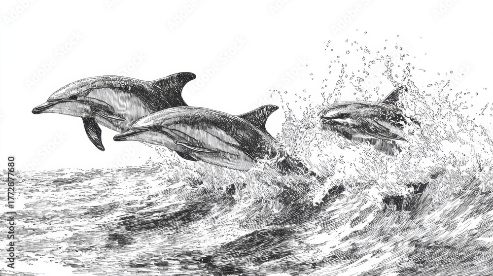 Obraz premium Three dolphins perform acrobatic leaps over crashing waves in a vibrant ocean setting.