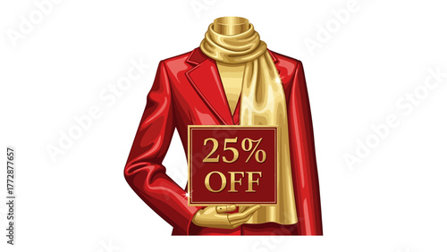 Luxury Fashion Sale: A stylish ensemble featuring a vibrant red blazer, a silky golden scarf, and a tempting discount, embodying elegance and savings.
