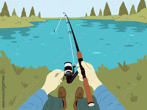 Fishing from the Shore Overhead Illustration