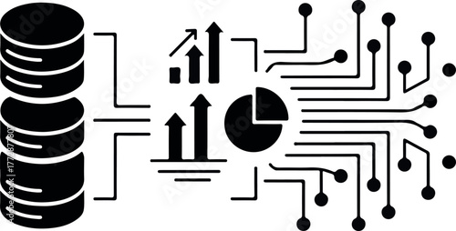 Data analysis illustration with database, charts, and circuit board, representing data processing and technological analysis.