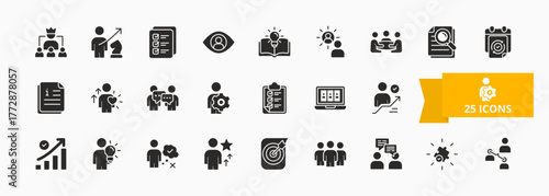 A collection of teamwork and management icons suitable for web and mobile application. Set of glyph style icons with leadership, strategy, planning, teamwork and more icons.
