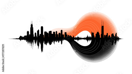 Cityscape Harmony: A striking silhouette of a cityscape dances in harmony with vibrant, flowing lines, evoking a sense of urban energy and artistic expression.