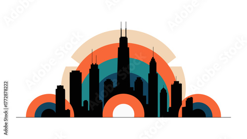 Architectural Silhouette: A captivating silhouette of a city skyline, masterfully rendered with clean lines and vibrant colors, celebrating the grandeur and spirit of urban development.