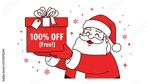 Holiday Gift of the Season: A cheerful cartoon Santa Claus, extending a gift box featuring 100% OFF, signifying the joyous season of giving. 