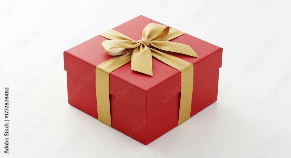 Fototapeta premium Square red gift box with gold ribbon isolated on white background, celebration and holiday concept