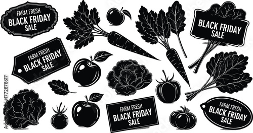 Farm fresh Black Friday sale banners with fresh produce including apples carrots cabbage tomatoes high-resolution vector graphic for design use