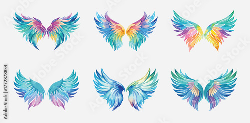 Collection of Artistic Watercolor Angel Wings, Various Designs and Vivid Color Palettes