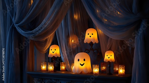 Halloween parlor with glowing masks and friendly ghostly silhouettes smoky gray drapes deep indigo tone candlelight gold warmth focused atmospheric vignette