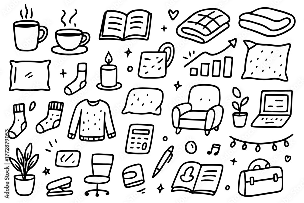Naklejka premium Hand-drawn doodle vector set of cozy lifestyle elements, illustrated in a warm sketchy style, isolated on white background 