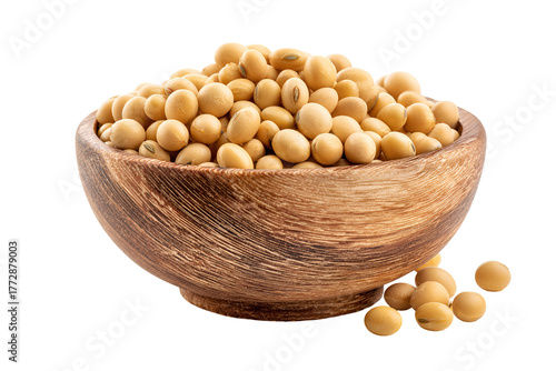 Wooden bowl filled with healthy soybeans isolated on a black background