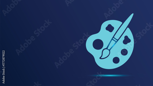 Sleek, futuristic illustration of a painter's palette and brush, rendered in glowing cyan against a dark blue backdrop. Ideal symbol for creativity, visual design software, artistic services