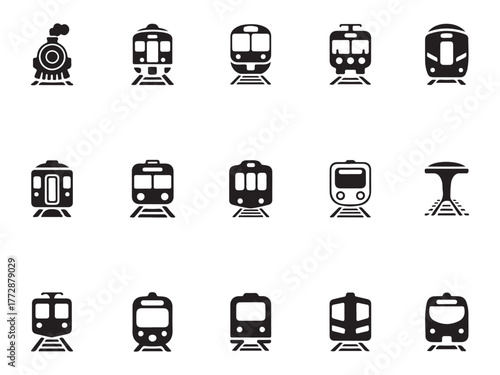Variety of Train icons: An array of diverse train icons, showcasing the evolution of rail transport from classic steam locomotives to contemporary high-speed trains.