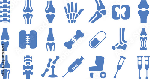 Medical Line Icon Set – Arthritis, Osteoporosis, Pain, Injury, Inflammation, Injection, Diagnosis, Prevention, Healthcare, Calcium Supplement, Skeleton, Thin Linear Vector Illustration