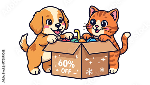 Pet Pals' Package: An adorable puppy and a charming kitten team up to unveil a special package together, embodying the spirit of friendship and shared discovery.