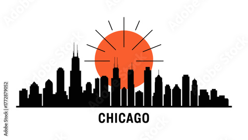 Chicago Skyline Silhouette: A striking black and white silhouette of Chicago's iconic skyline. against a backdrop of the sun, celebrating the urban beauty. 