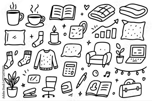 Hand-drawn doodle vector set of cozy lifestyle elements, illustrated in a warm sketchy style, isolated on white background
