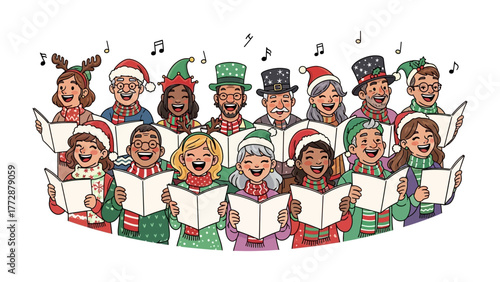 Festive Carols: A chorus of diverse individuals, filled with holiday spirit, sing from songbooks adorned with festive accessories, expressing the joy of the holiday season.