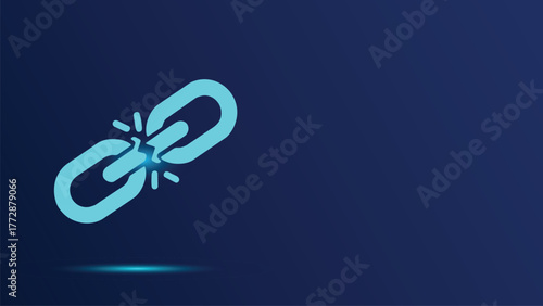 Glowing cyan broken chain link icon symbolizing digital disconnection, 404 error, network failure, or security breach on a dark blue tech background. Perfect for cybersecurity and IT concepts.
