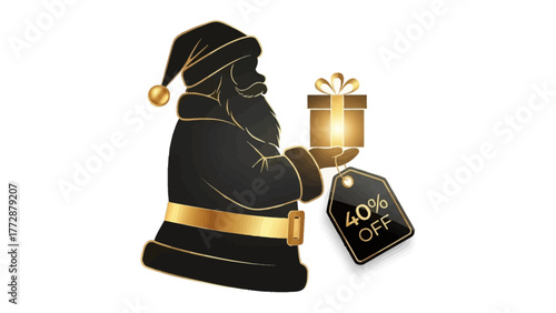 Festive Deal: Silhouette of Santa Claus, adorned in a rich, dark theme, offering a gift box and a 40% off tag, perfect for holiday promotions.