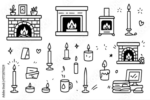 Hand-drawn doodle vector set of fireplaces and candles, illustrated in a cozy sketchy style, isolated on white background
