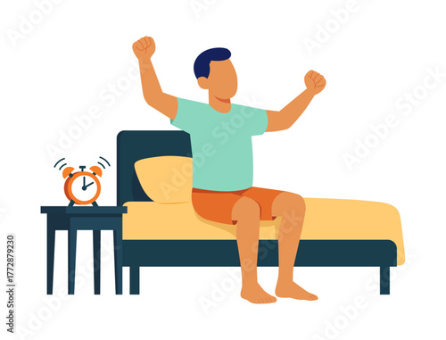 Vector illustration of man waking up and stretching on bed with alarm clock. Healthy morning routine, fresh start to day, lifestyle and wellness concept.