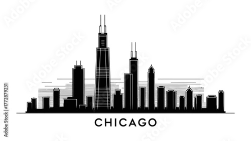 Chicago Skyline: A stark silhouette of the iconic Chicago skyline, with towering skyscrapers reaching towards the sky, showcasing the city's architectural grandeur and urban landscape.